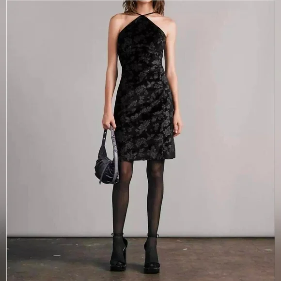 NWT Rag & Bone Retro Floral fara velvet black Halter Slit dress Size 6 - Picture 1 of 16